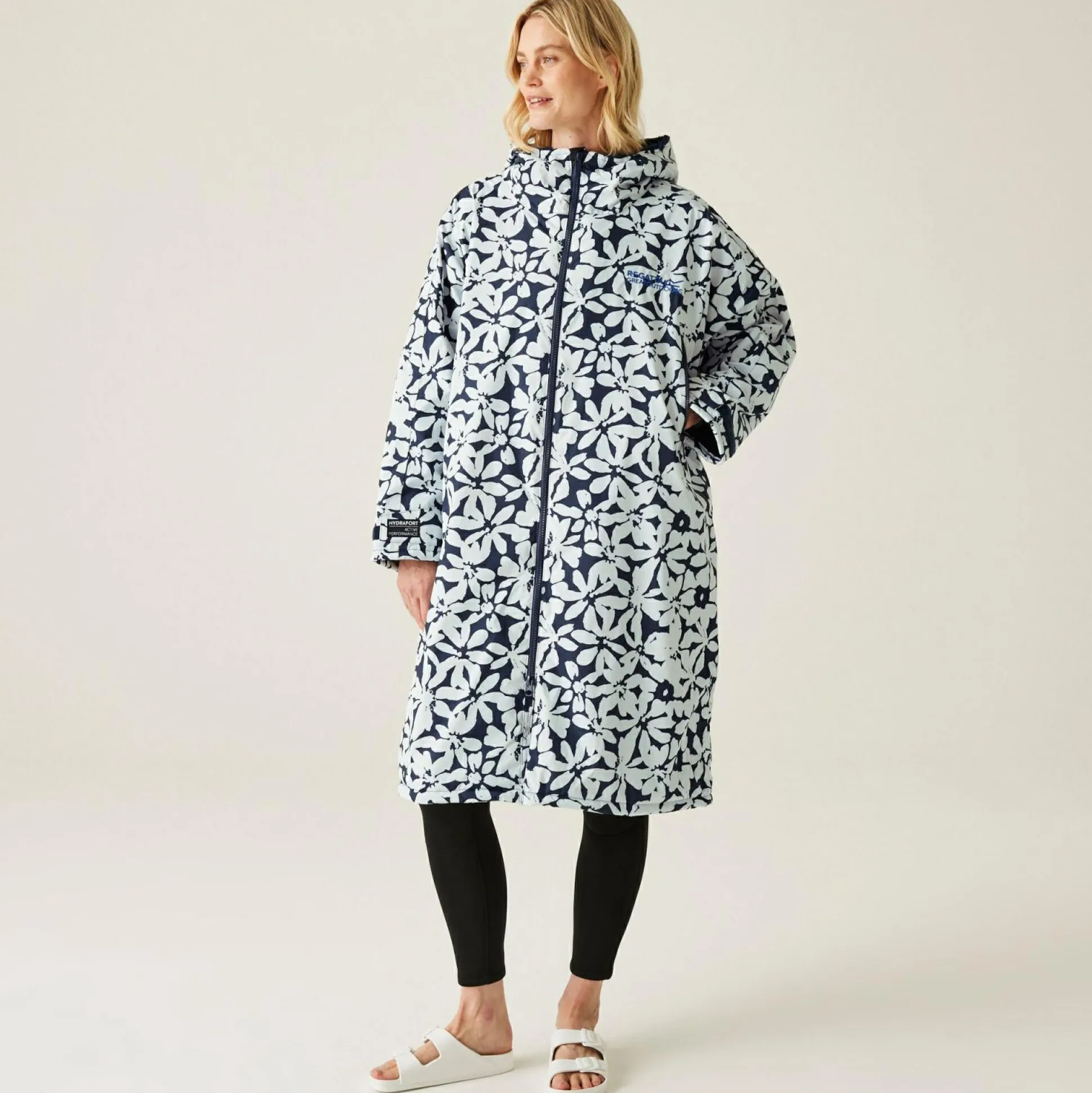 Adult Waterproof Changing Robe | Navy White Large Floral